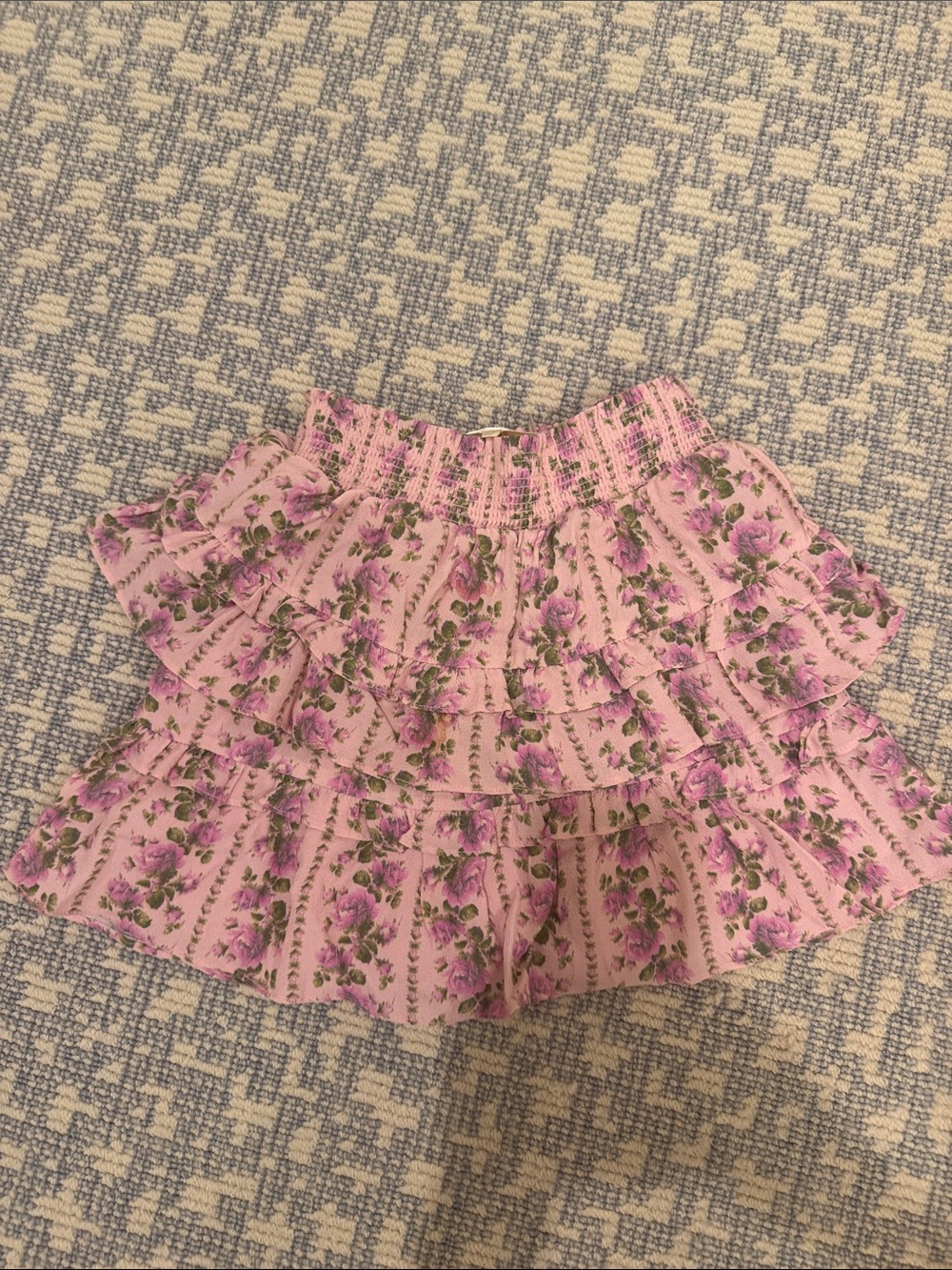 LoveShackFancy Pink Floral Tiered Ruffle Skirt